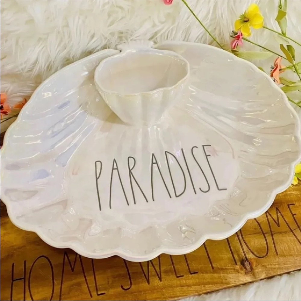 ♡Rae Dunn iridescent PARADISE seashell serving plate/ built in bowl! Rare! HTF!♡